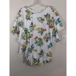 NWT Zara Basics tropical white blouse Fruit banana watermelon Ruffle size Large